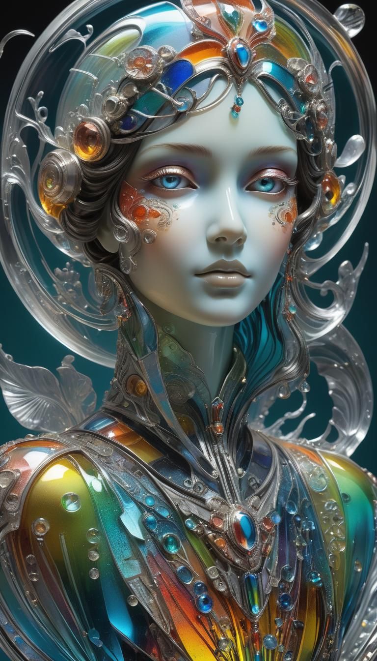 Ethereal Art Deco Glass Sculpture with Enameled Details