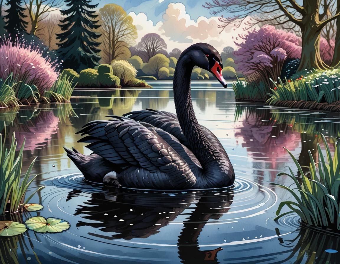 Black Swan in Lake: Gouache Impressionist Comic Art