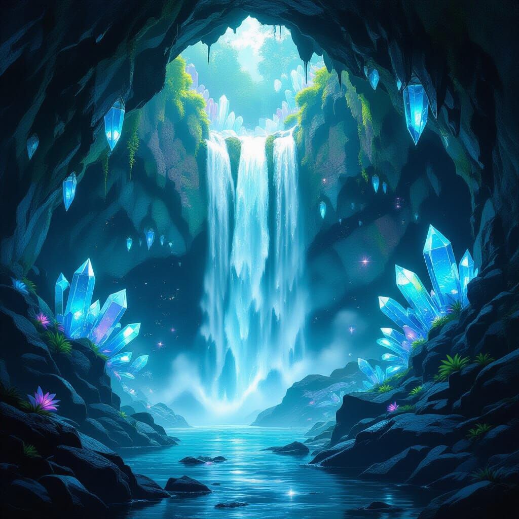 Bioluminescent Waterfall Cave Inspired by Syd Mead