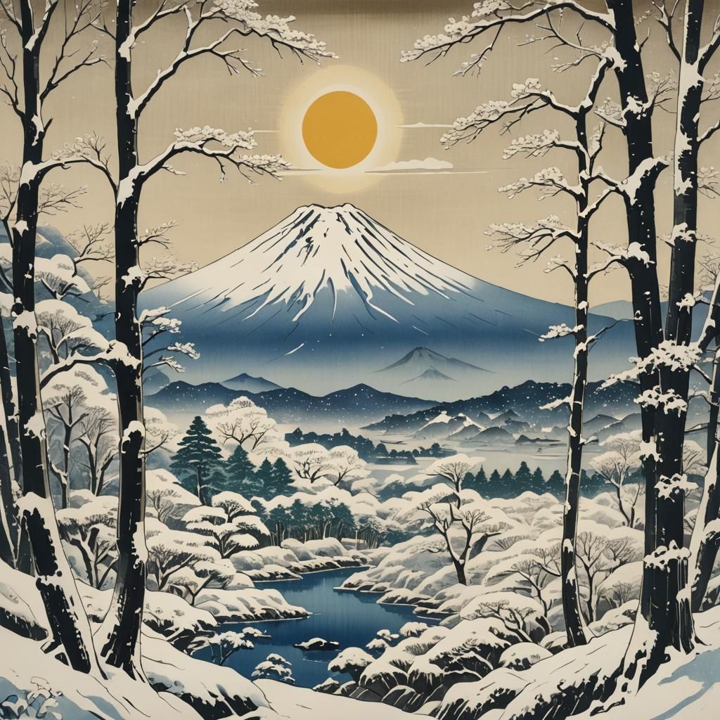 Mount Fuji Winter Scene in Ukiyo-e Style