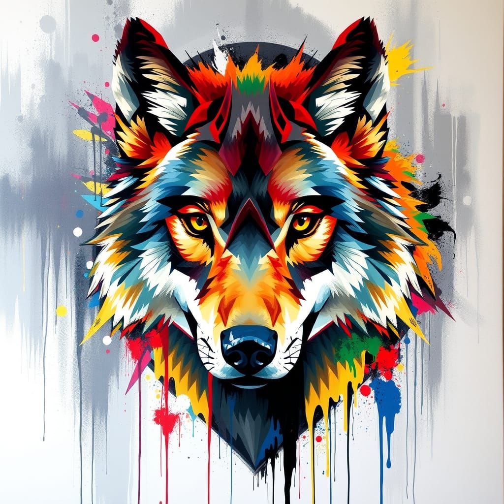 Vibrant Geometric Wolf in High Contrast Graffiti Style