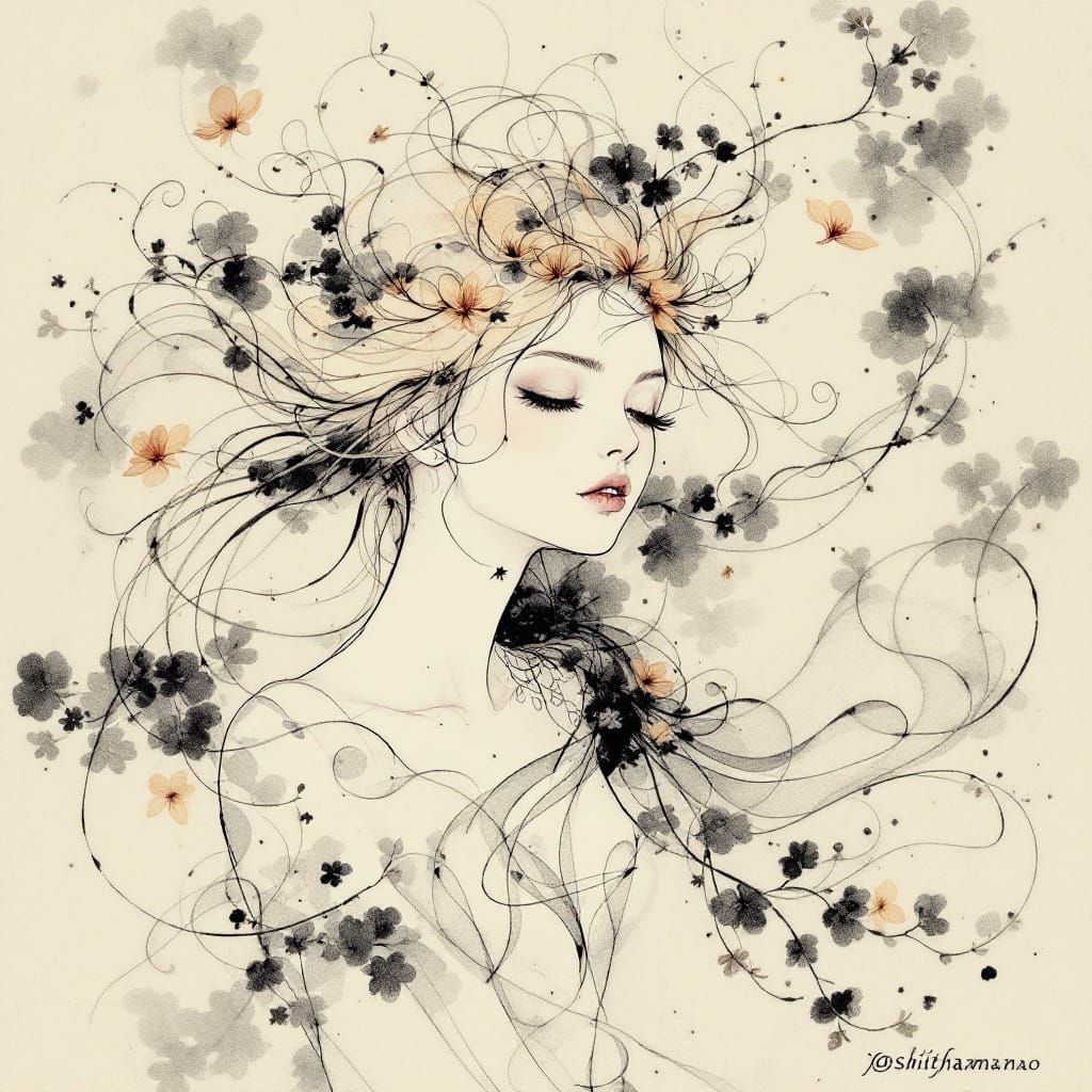 Ethereal Fantasy Goddess in Delicate Ink and Watercolor