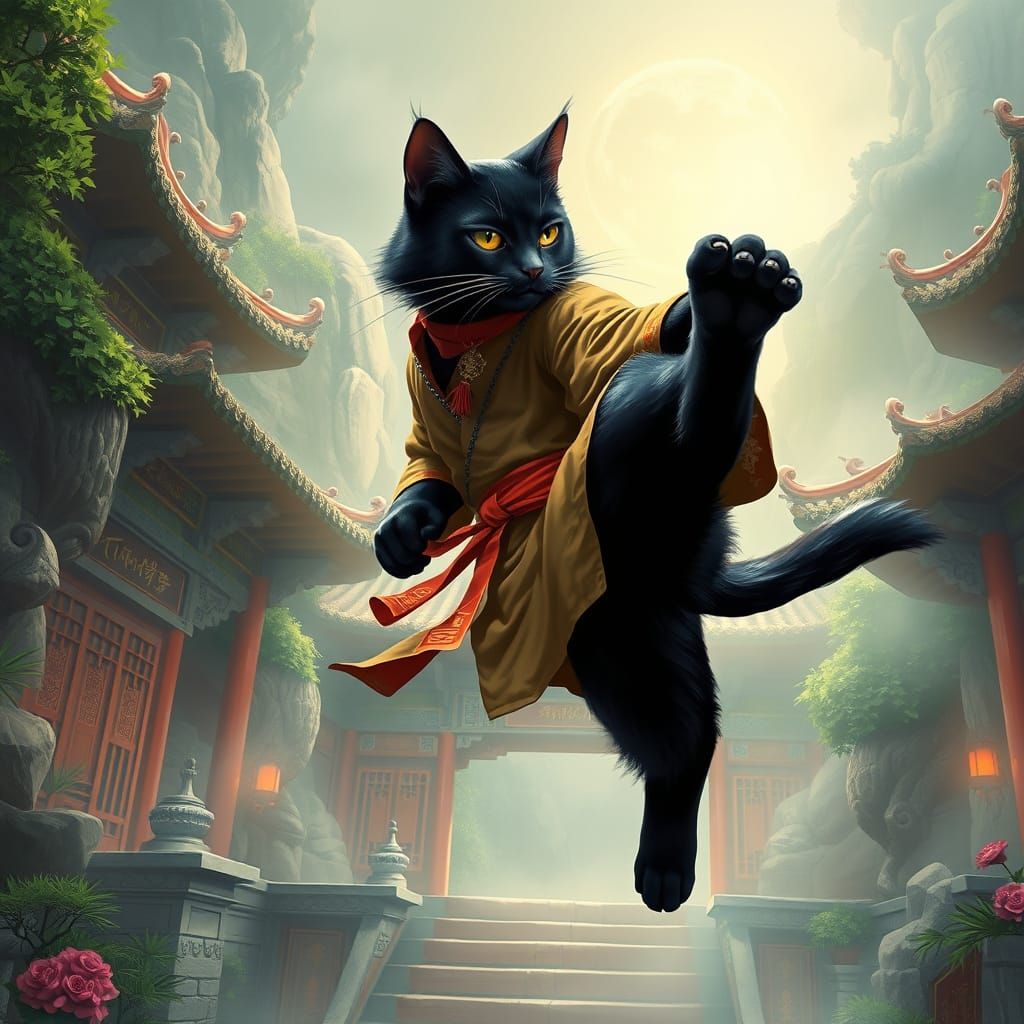 Ethereal Shaolin Feline Master in Ancient Temple