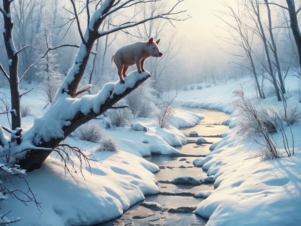 Hyperrealistic Winter Scene With Pig On Snowy Branch