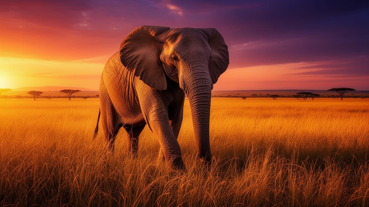 Majestic Elephant in Golden Savannah Sunset