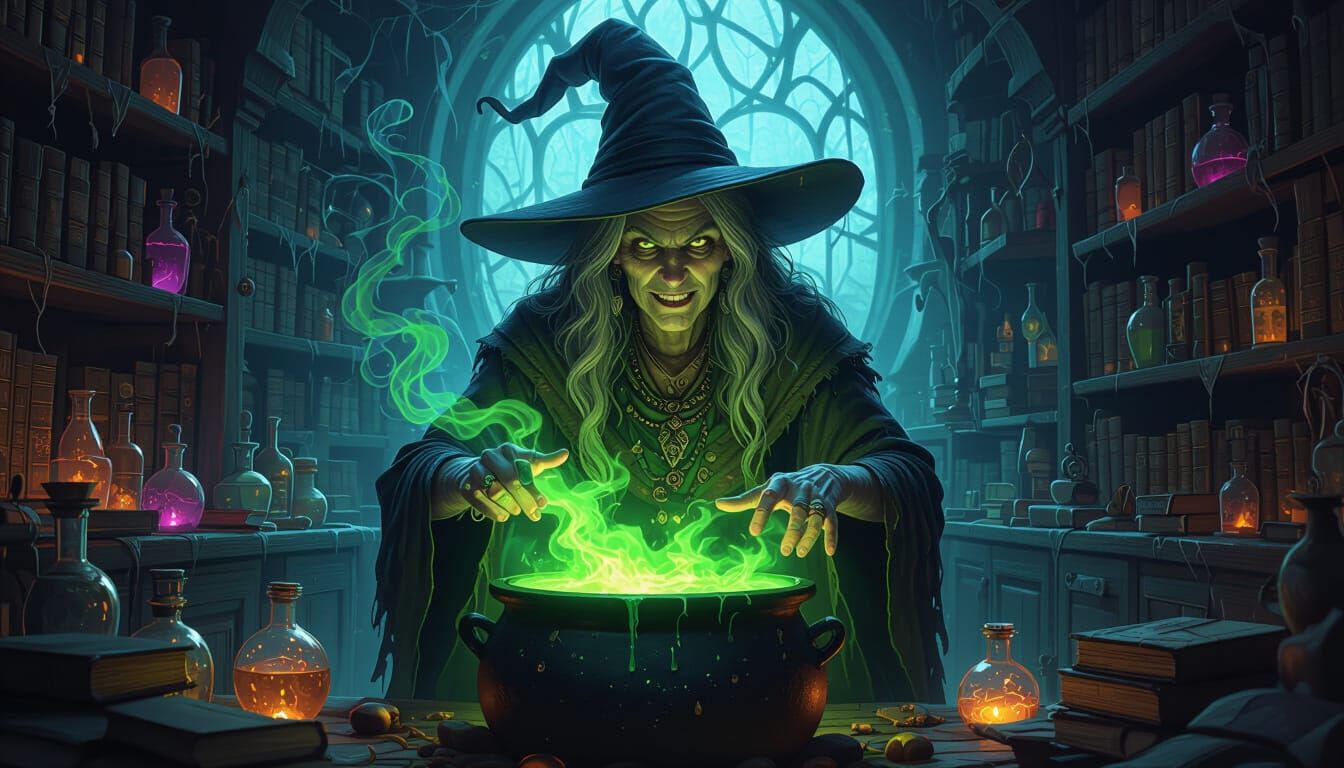 Ancient Witch Casting Spells in Eerie Magic Shop