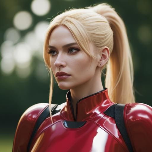 Blonde Woman in Red Latex Dress Dancing Outdoors