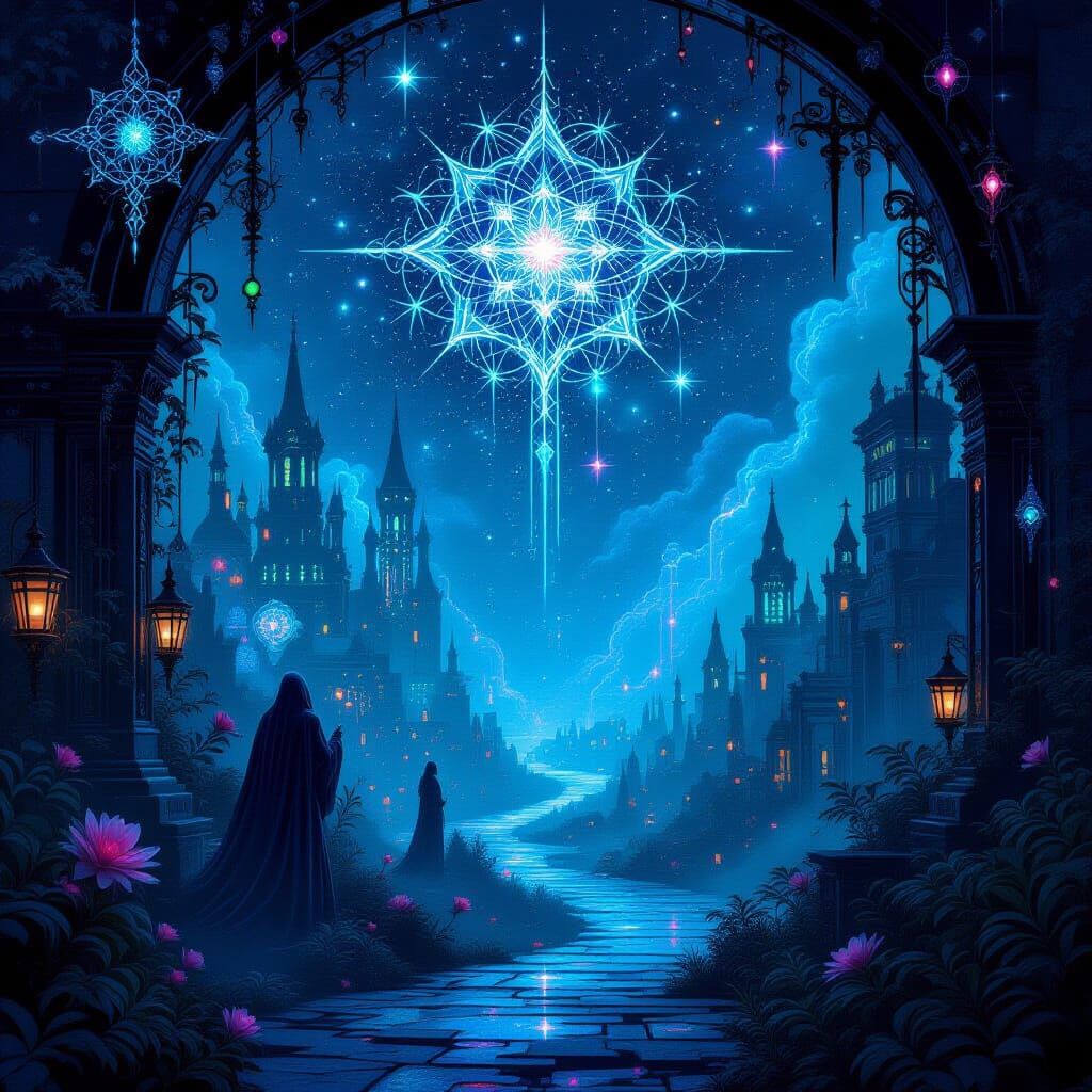 Whimsigoth Cyberpunk Digital Landscape with Sacred Geometry