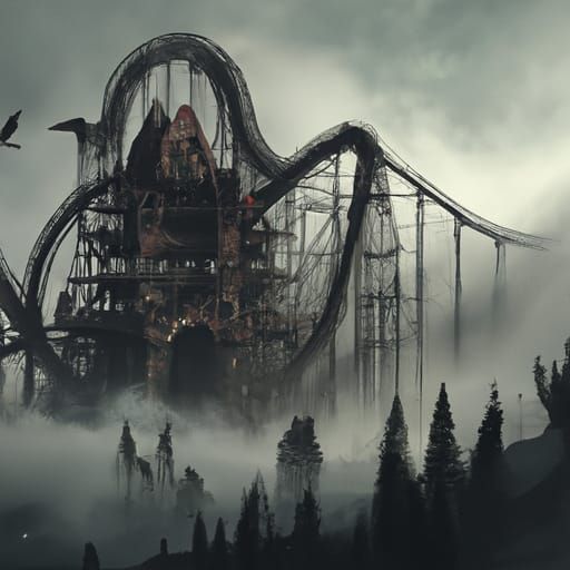 Eerie Abandoned Rollercoaster in Dense Fog