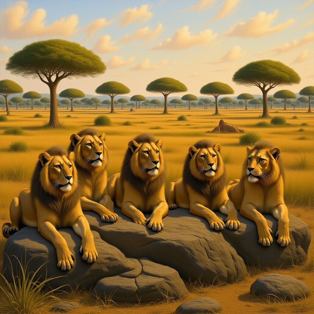 Lions on African Savanna in Golden Light