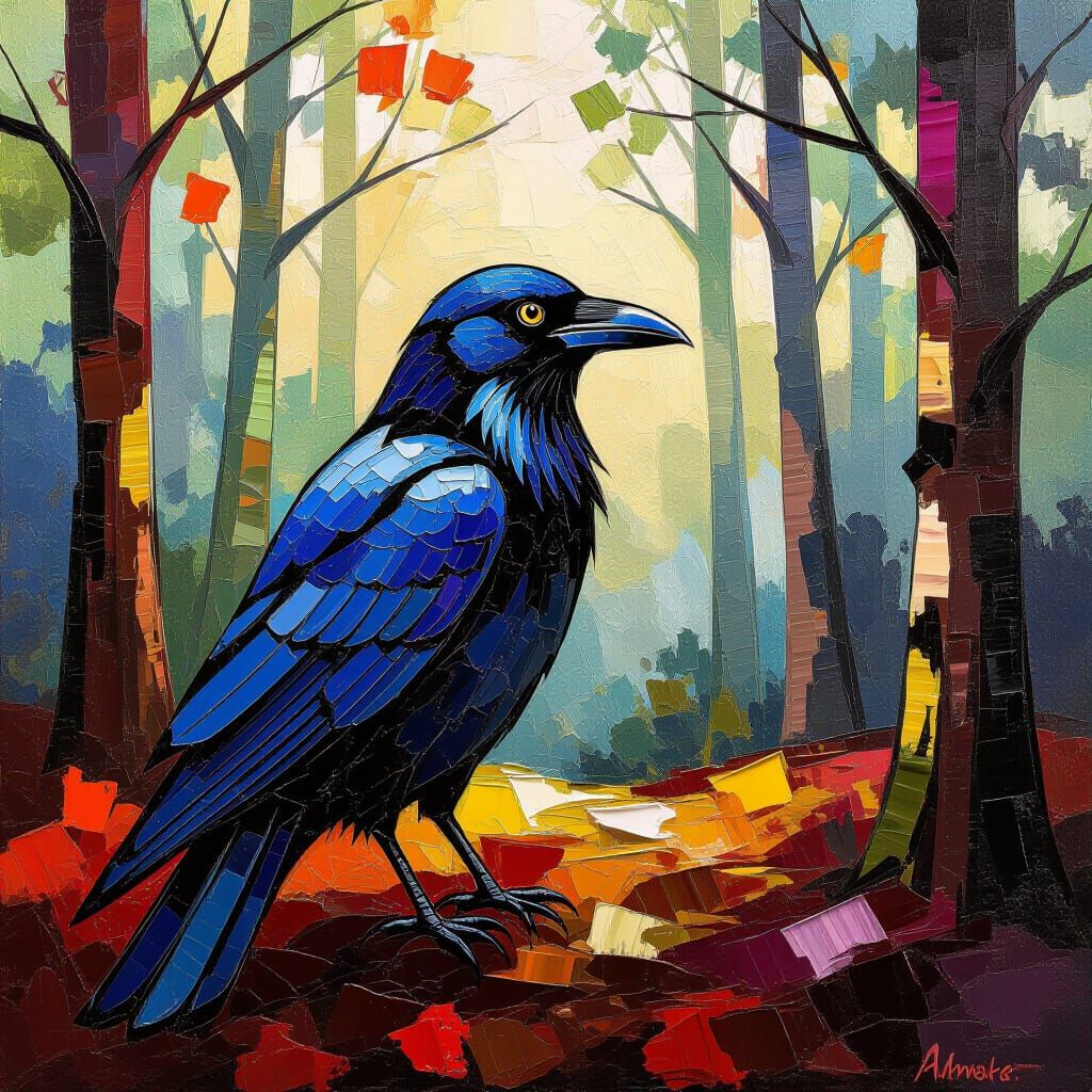 Raven in Woods: Neo-Impressionist Oil Painting