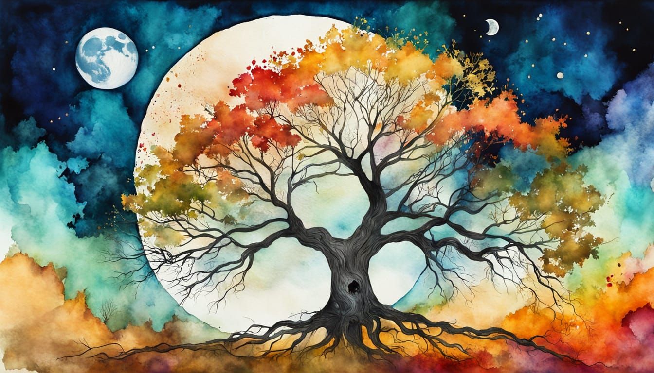 Moonlit Tree in Watercolor and Alcohol Ink