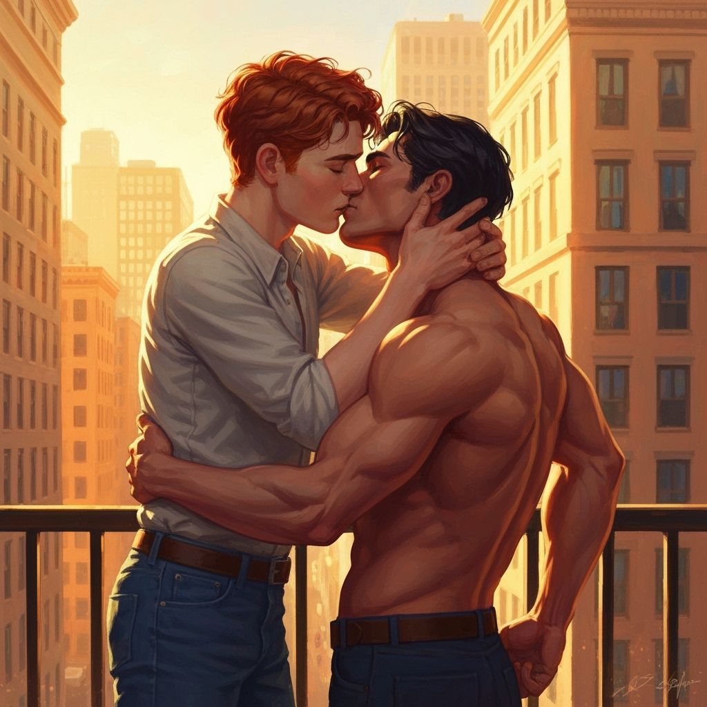 Muscular Clark Kent and Jimmy Olsen Embrace in Golden Hour M...