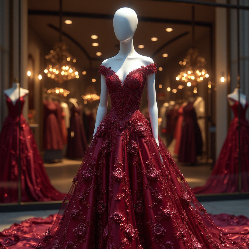 Burgundy Ball Gown on Mannequin in Storefront