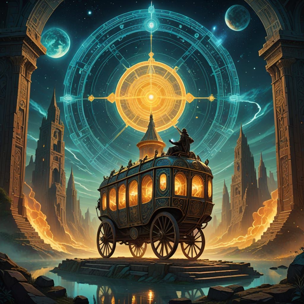 Futuristic Ancient City with Tarot Card, Digital Art