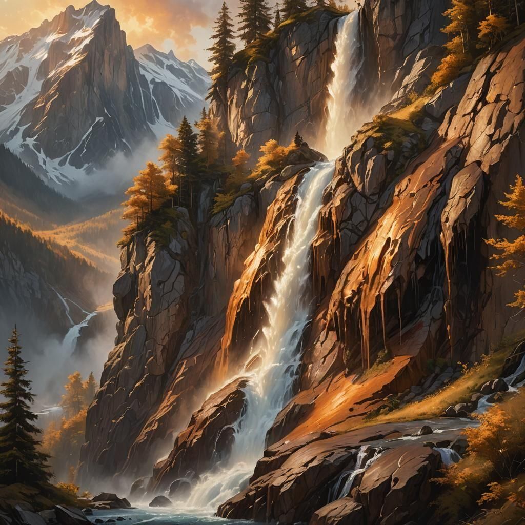 Bronze Mountain Waterfall: Masterful Metallic Painting