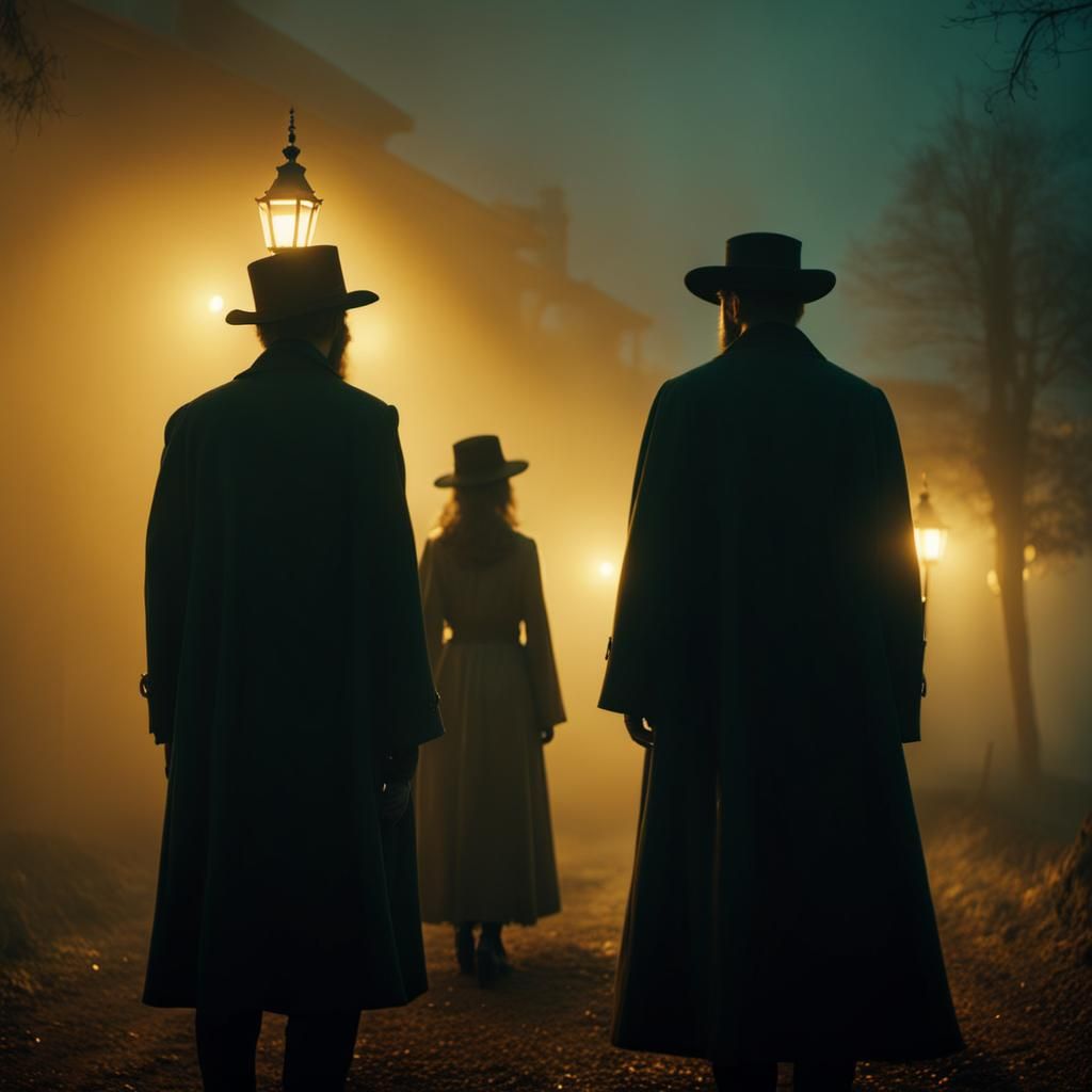 Mysterious Figures Traverse Foggy Night Landscape