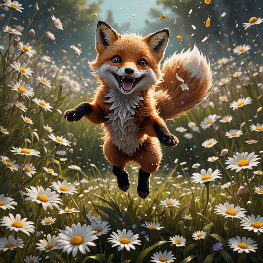 Happy Fox Jumps Through Daisies: Fantasy Concept Art