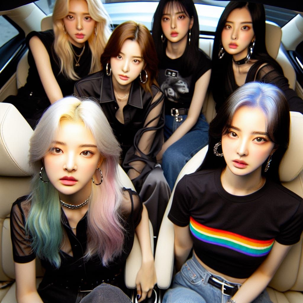 Young South Korean Women in Luxury Car, Hyperrealistic Conce...