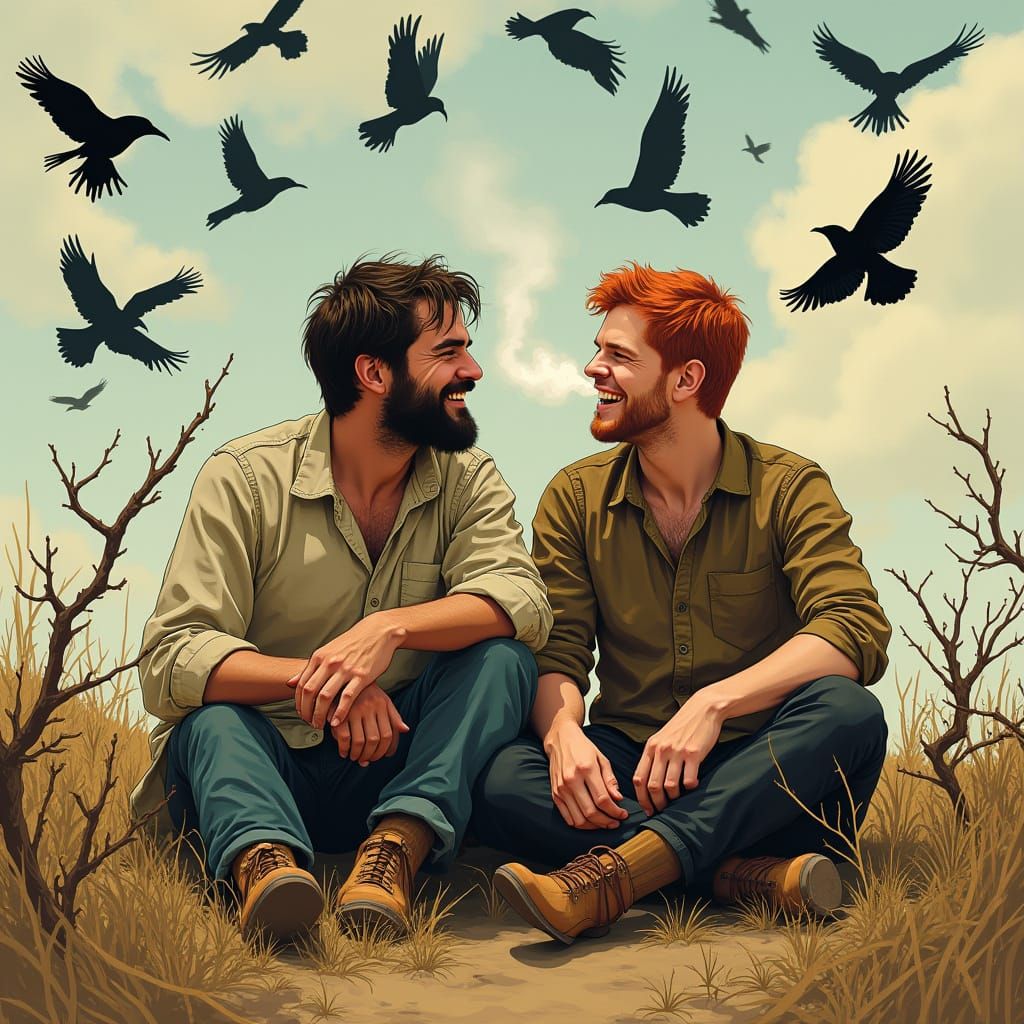 Man Surrounded by Thorns and Crows in Digital Art