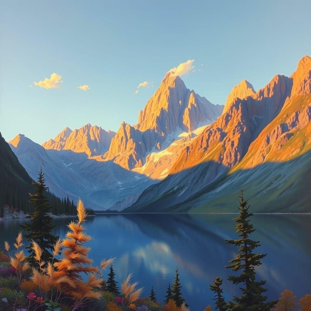 Majestic Mountain Landscape with Serene Lake at Sunset