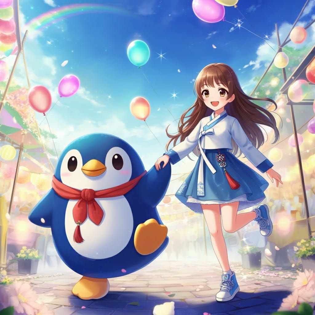 Korean Girl and Penguin Mascot at Festival Fair