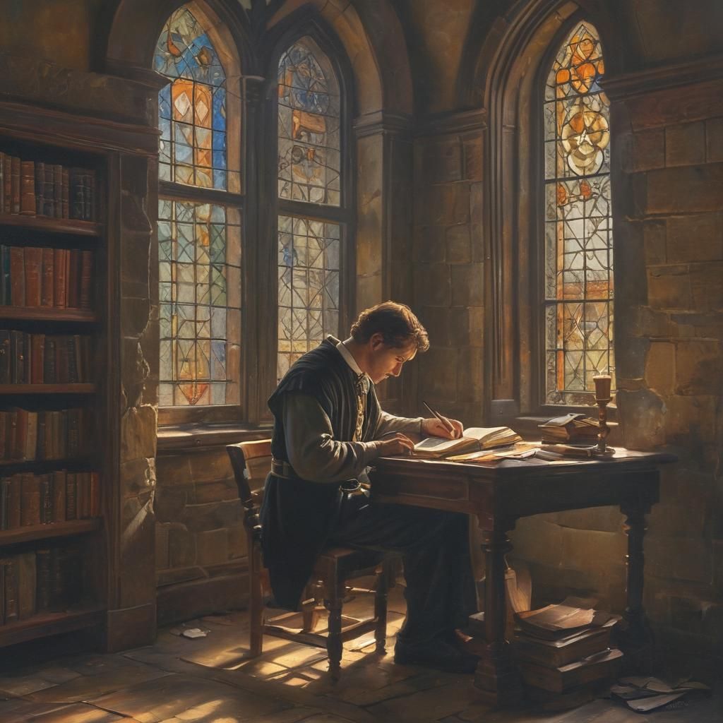 Scholar Reading in Medieval Library, Oil Painting