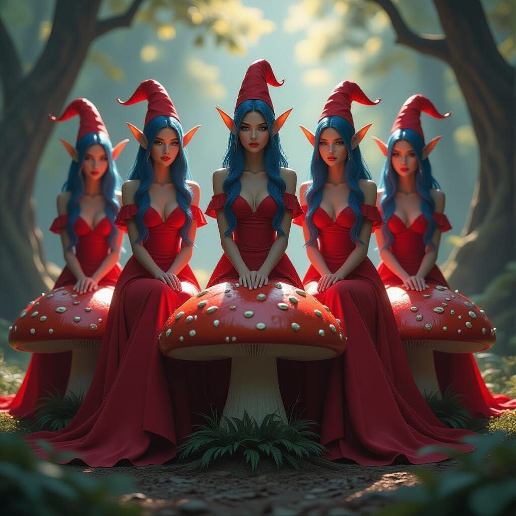 Elves in Red Dresses on Glowing Mushrooms