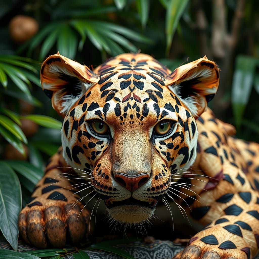 Coconut Jaguar Sculpture in Jungle Setting