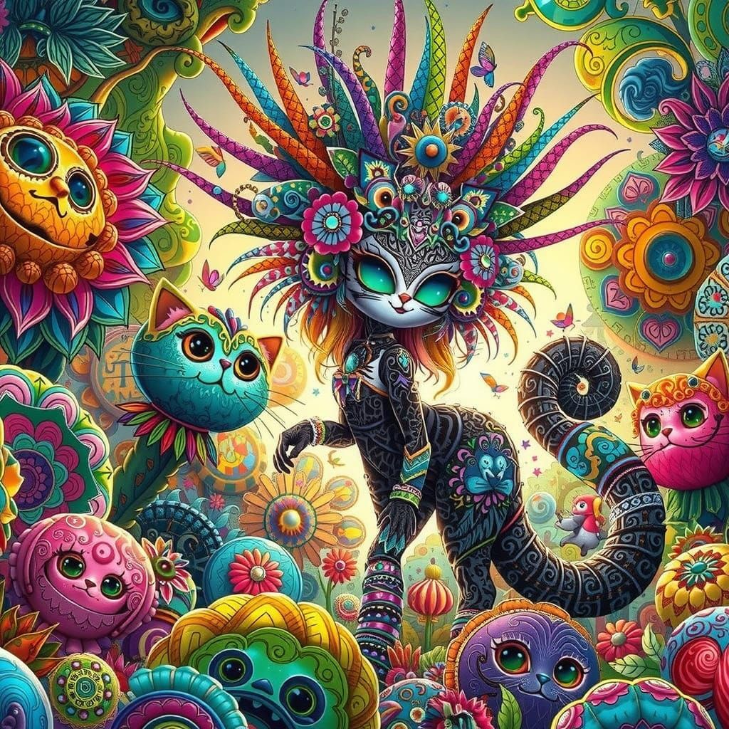 Goth Quetzalcoatl Cat Woman in Vibrant Cutecore Style