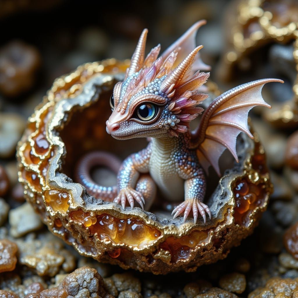 Baby Dragon Emerges from Geode in Iridescent Hues