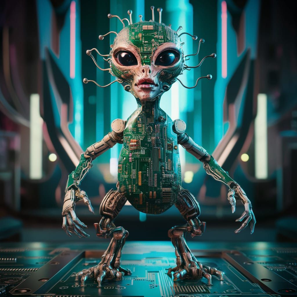 Circuit Board Alien in Cyberpunk Cityscape