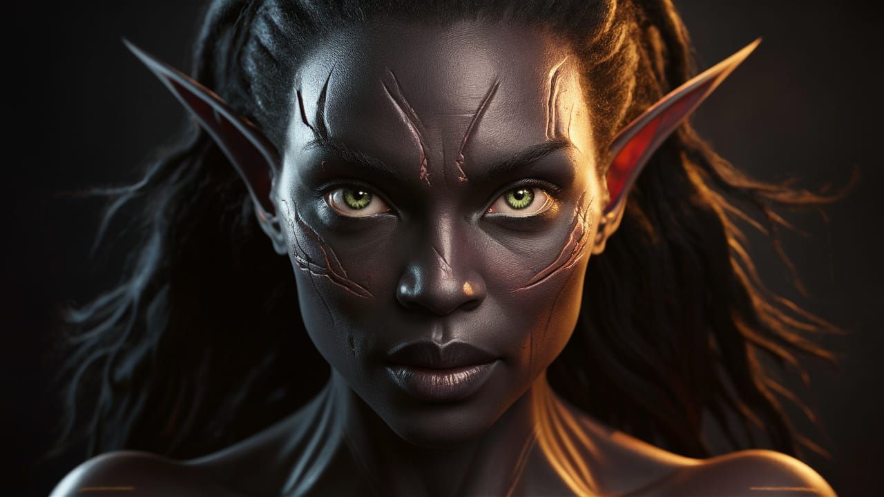 Dark-Skinned Elf Woman Portrait in Digital Matte Painting