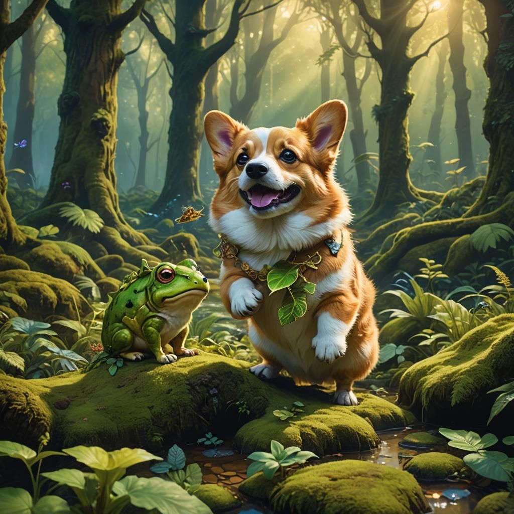 Corgi and Frog in Mystical Forest, Digital Art