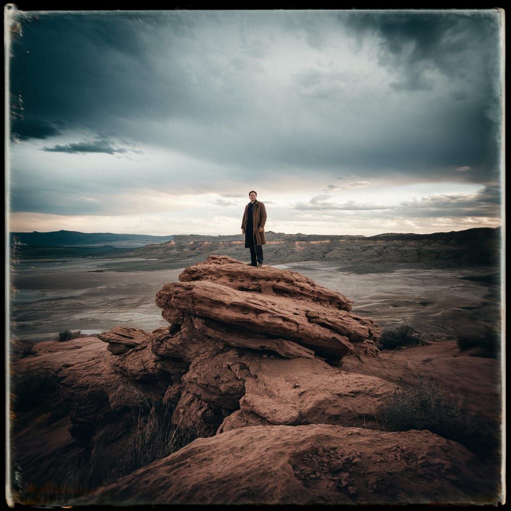 Cinematic Desert Wanderer on Rocky Outcrop