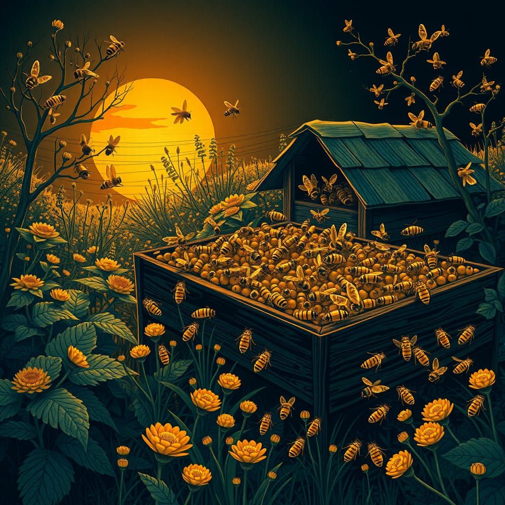 Whimsical Honey Bee Farm in Warm Sunset Light