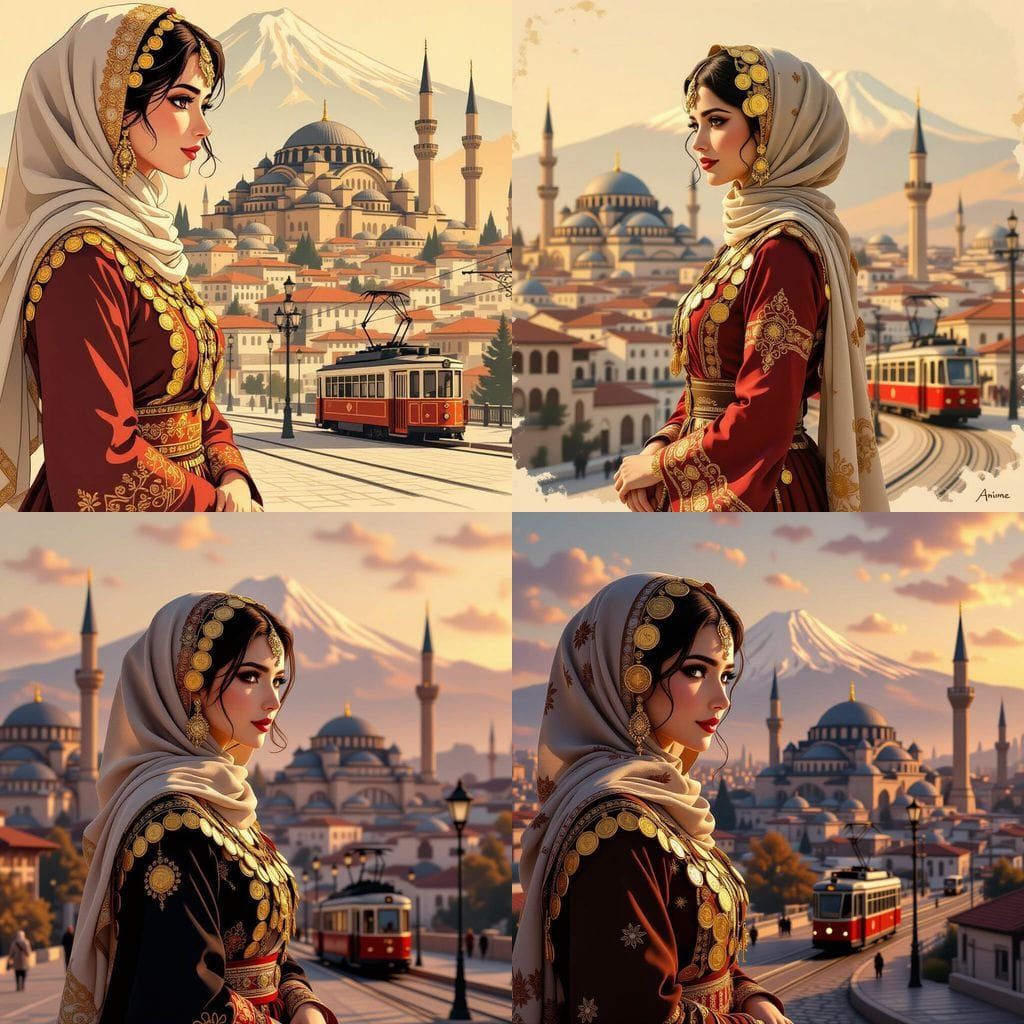 Seljuk Woman Portrait with Kayseri Cityscape in Sepia