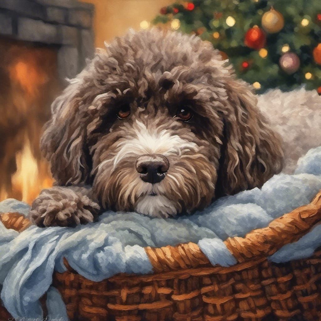 Adorable Labradoodle By The Christmas Fireplace
