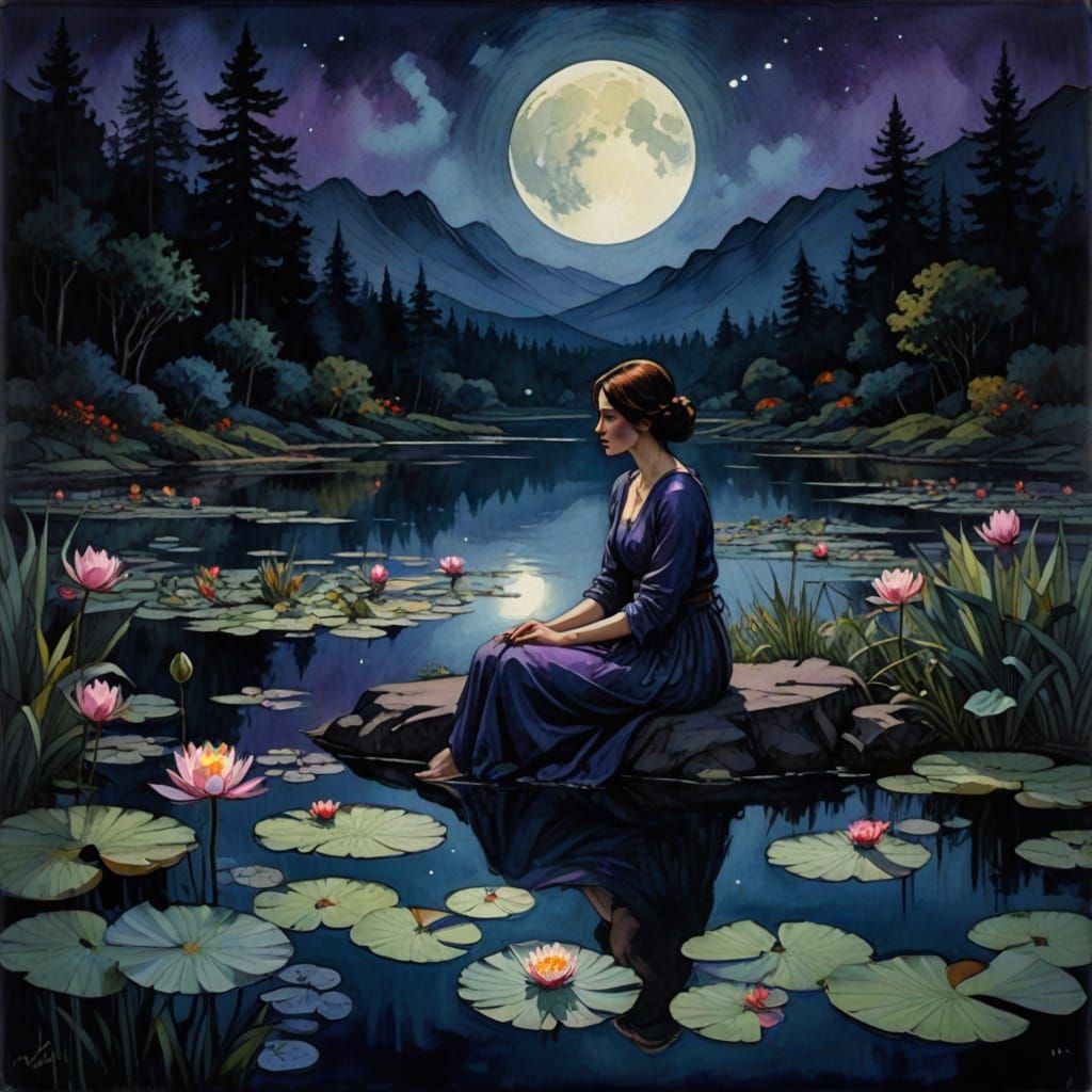 Dreamy Waterlily Pond under Vivid Moonlight in Romantic Real...