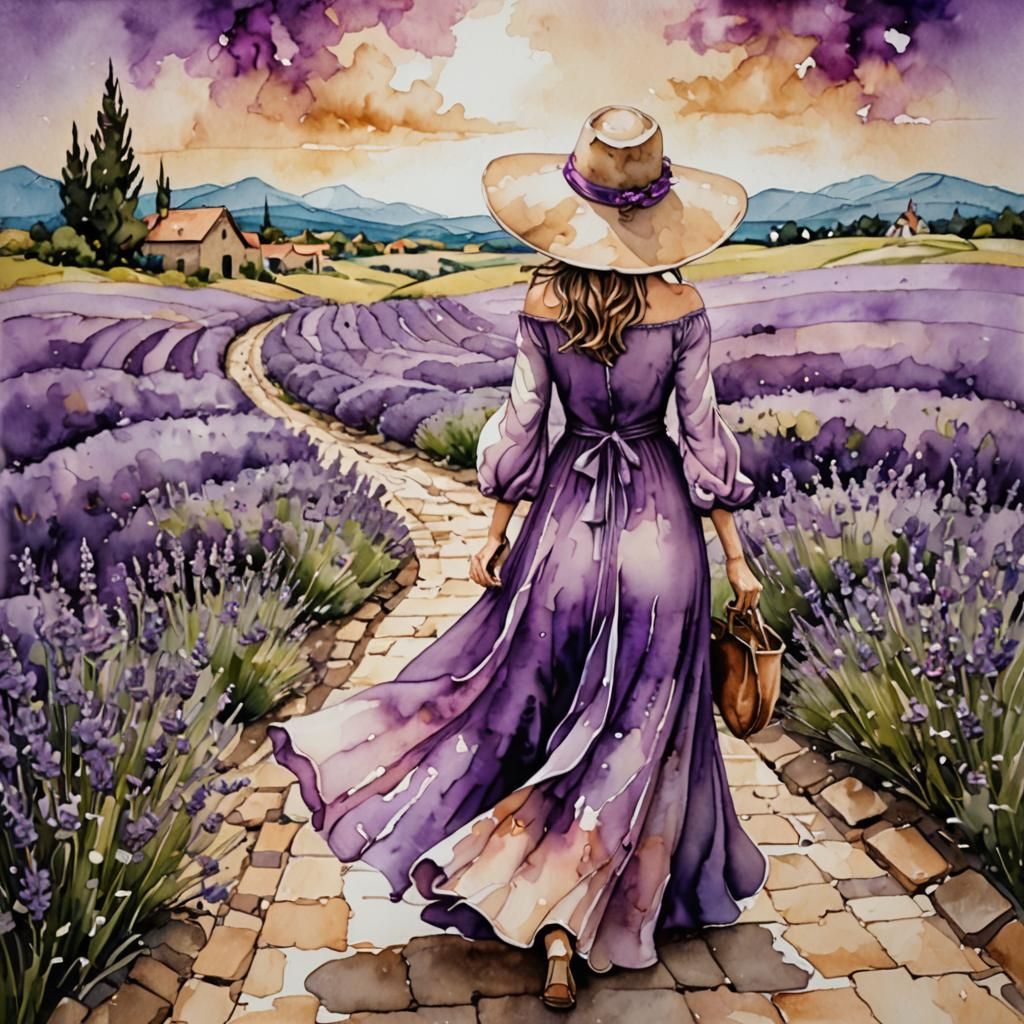 Woman in Lavender Field: Alcohol Ink Painting