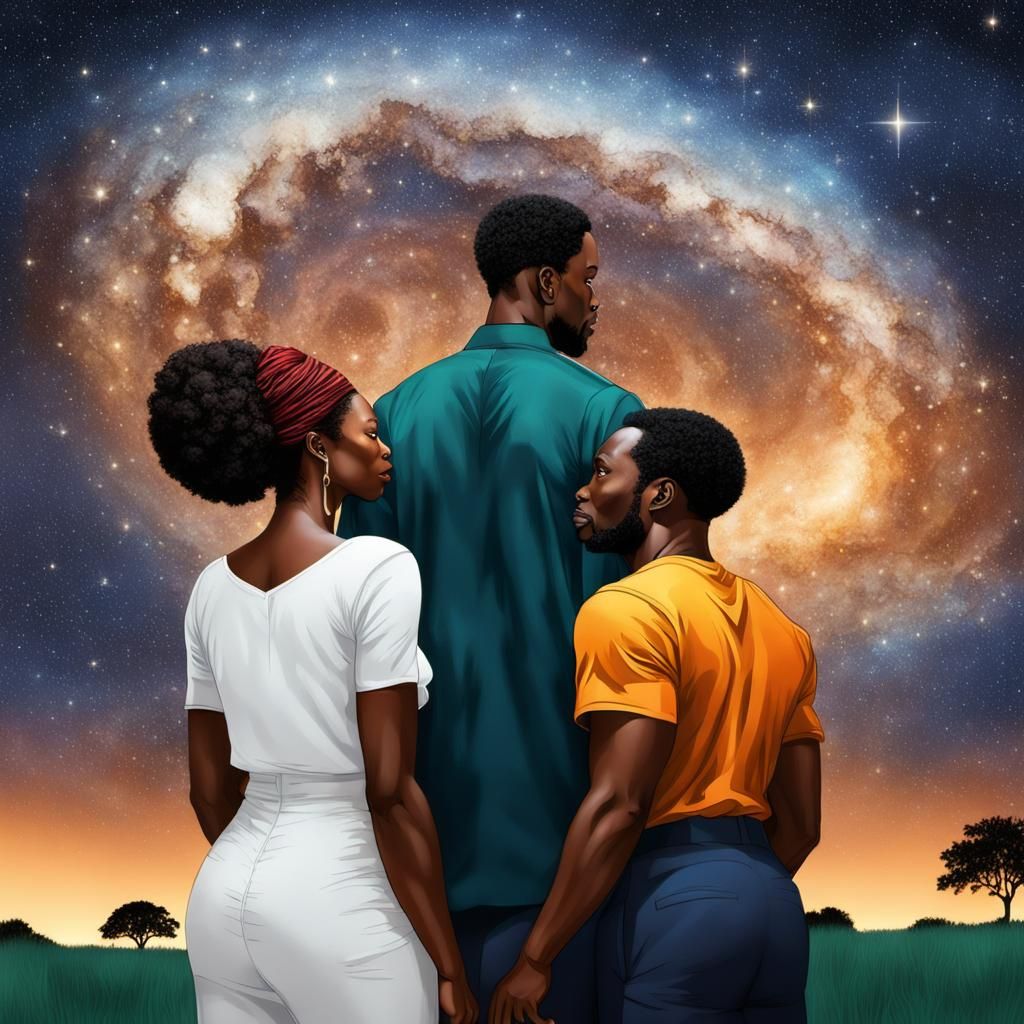 starry night sky background, warm, sensual, Nigerian woman in a confrontational stance standing face-to-face with, a co...