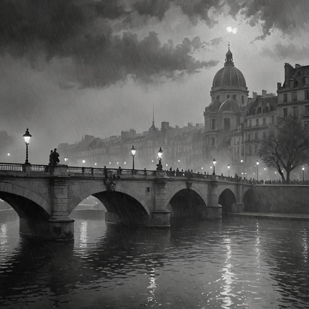 Misty Pont Neuf: Black and White Oil Painting