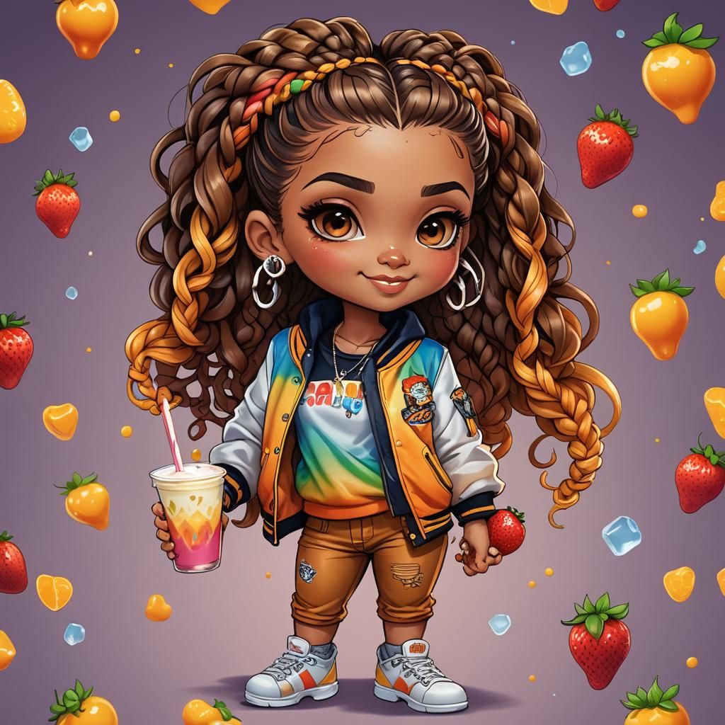 Chibi Latina with Braids and Strawberry Smoothie