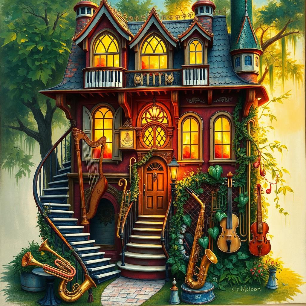 Musical Instrument House in Vibrant, Dreamy Style