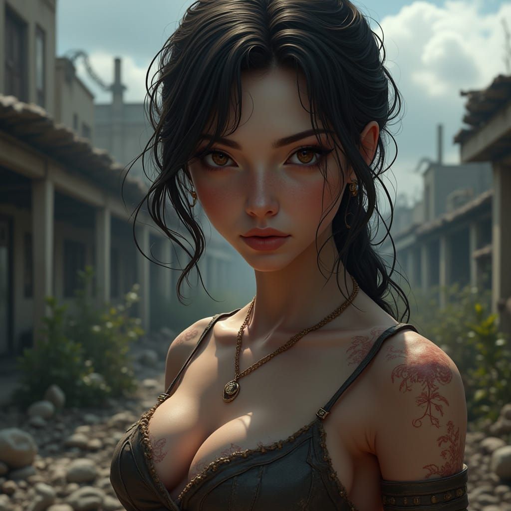 Hyperrealistic Portrait of a Determined Woman in a Post-Apoc...