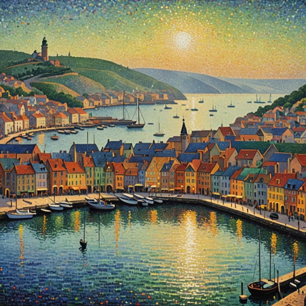 Pointillist Harbor Scene in Style of Seurat