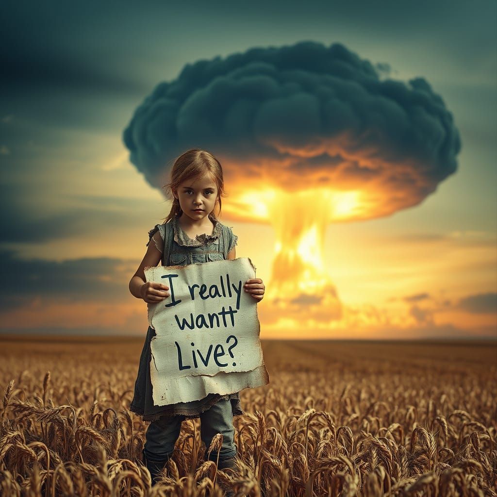Dystopian Girl in Wheat Field with Nuclear Cloud