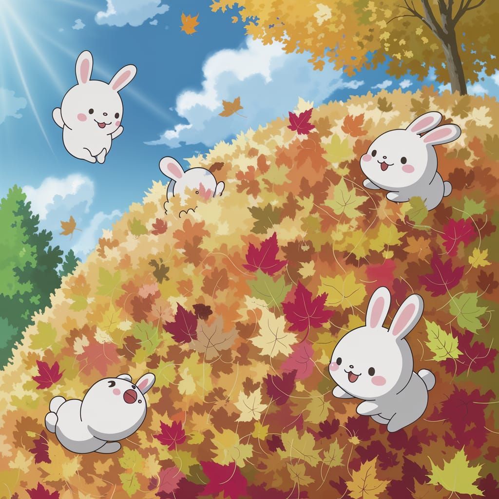 Cute Rabbits Play In Colorful Autumn Leaves