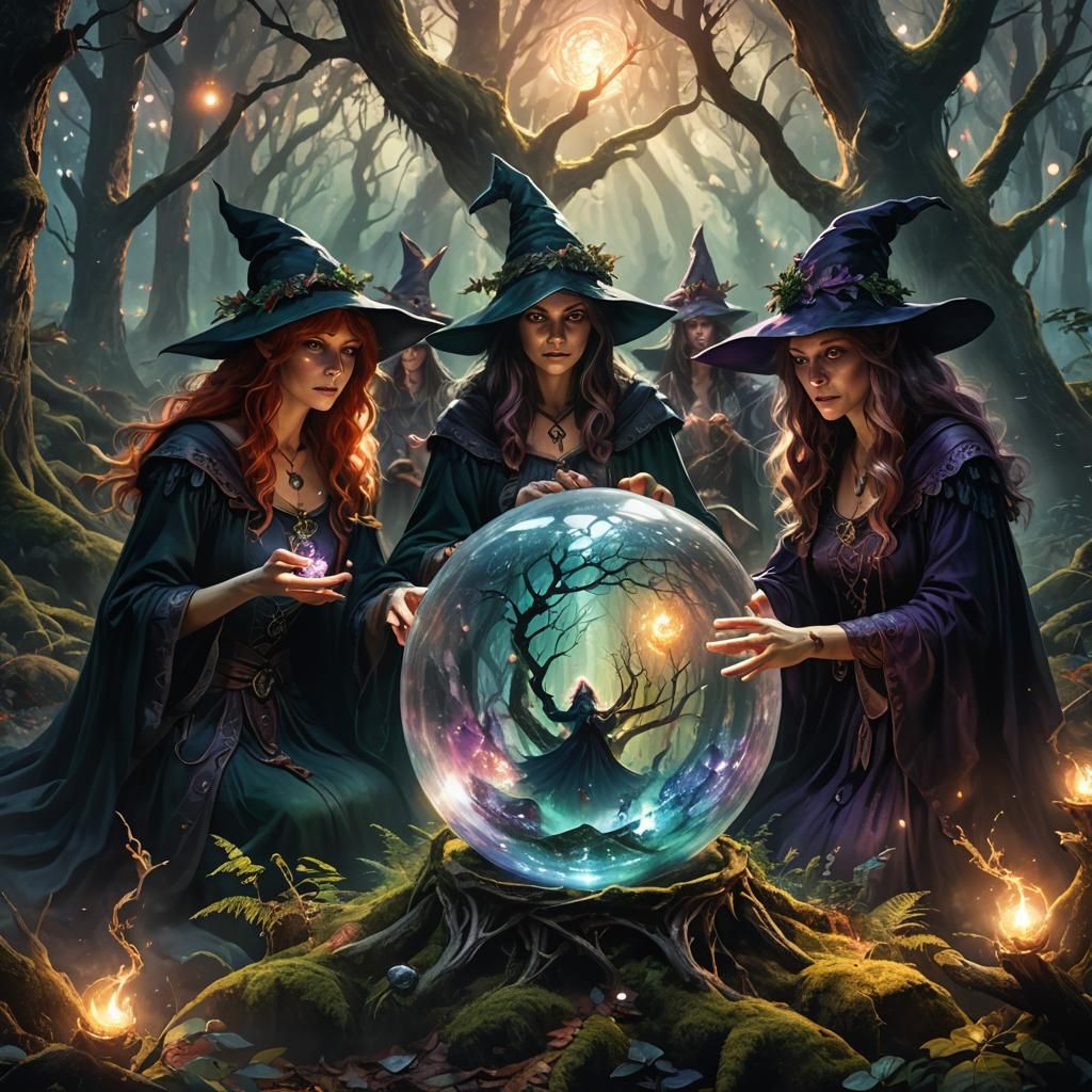 Mystical Witches Gather in Enchanted Forest