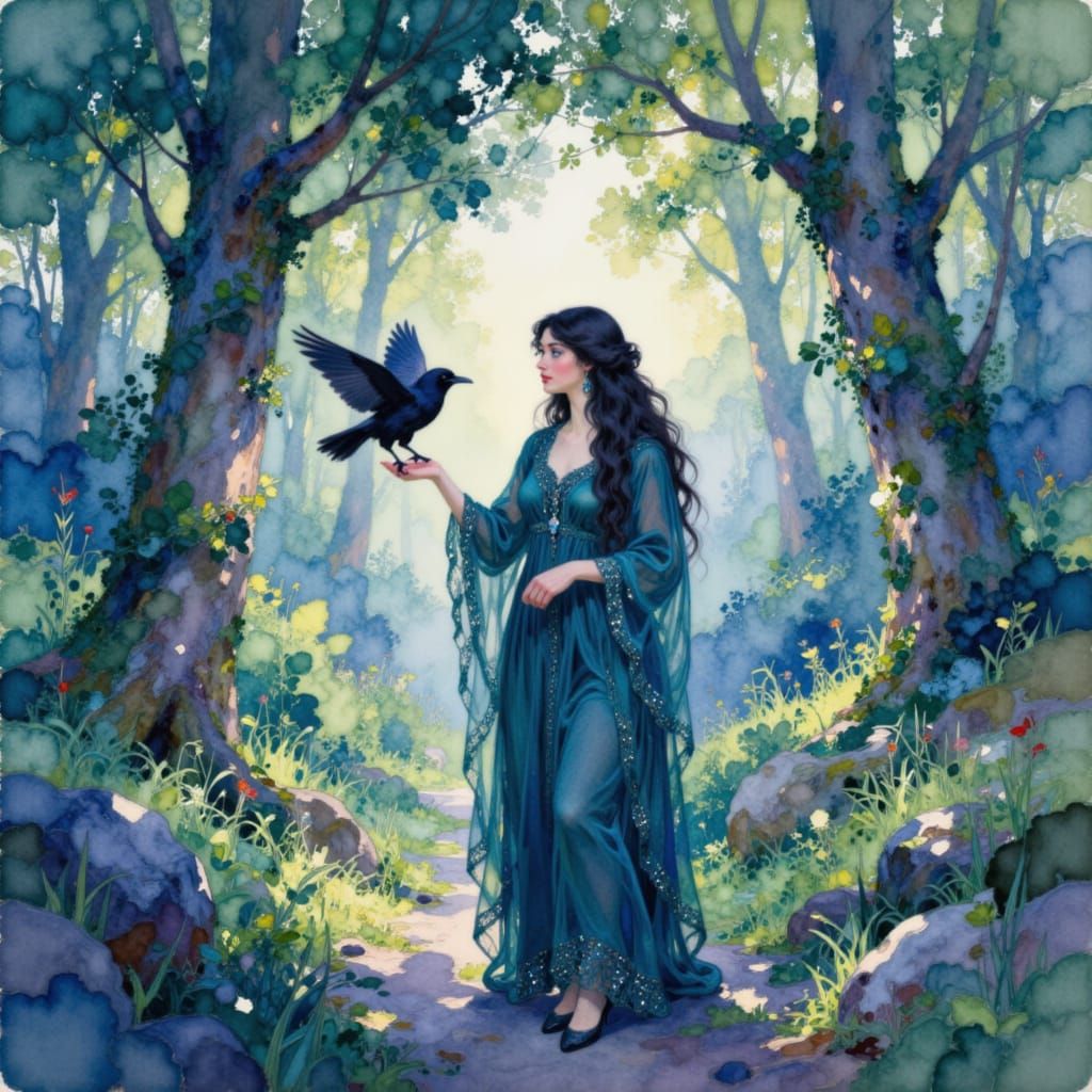 Lady with Raven in Ethereal Forest Watercolor